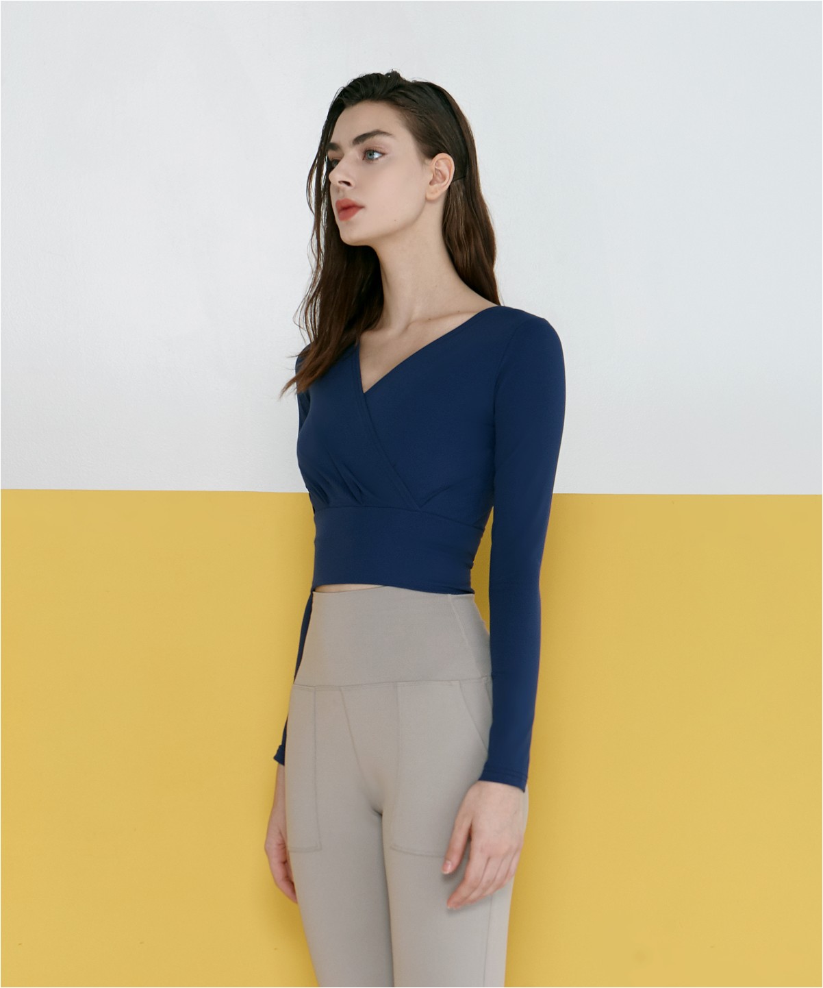 Deviwear T Wrap V Crop Long Sleeve Tee Shirt Navy | Shirts