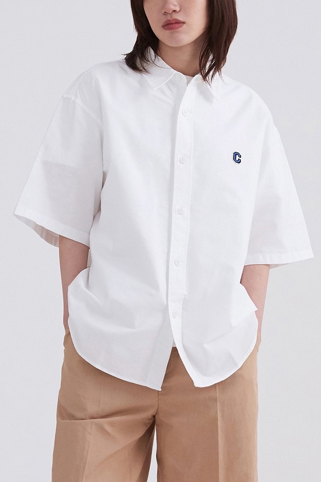 Unisex C Logo Oxford Half Shirt White