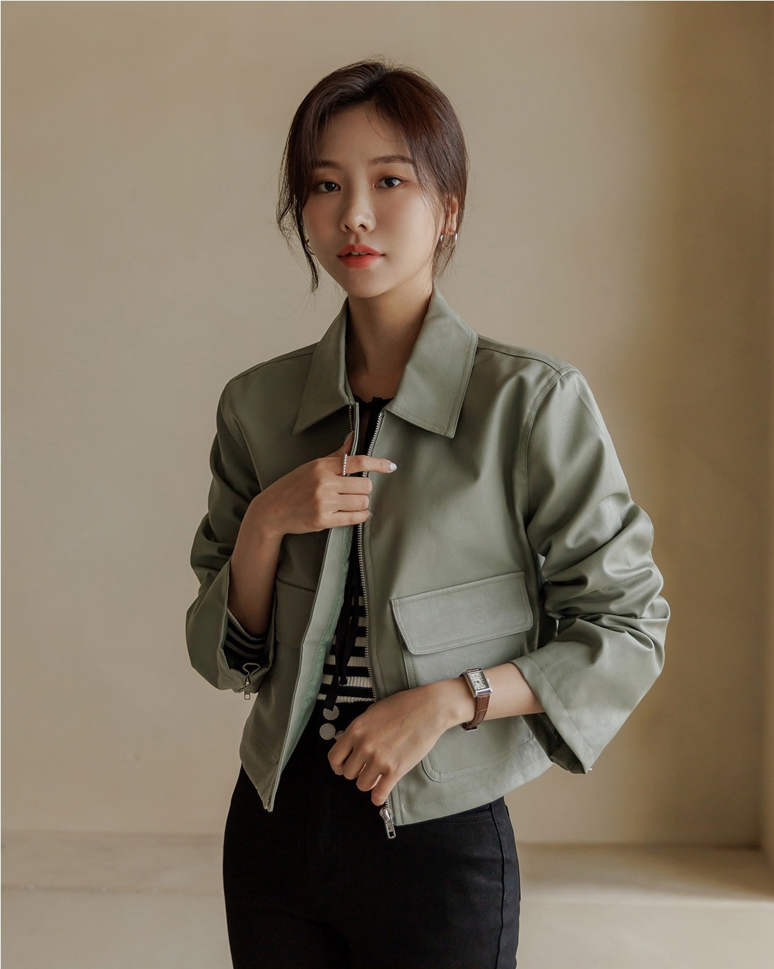 JUSTONE Creamy Pocket Collar Leather Jacket Motorcycle for Women