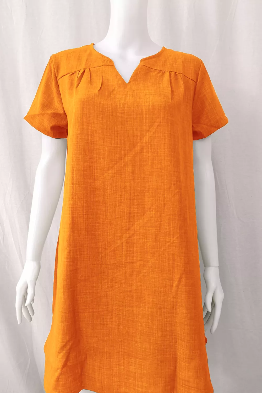 KAC V-neck Rolled Short Sleeve Gathered Curved Linen Dress | KOODING