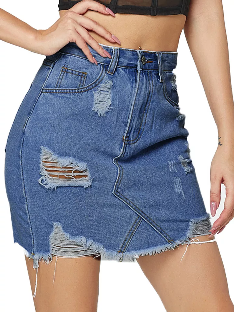 KAC Women's Plus Size Ripped Fringed Hip Denim Skirt | KOODING