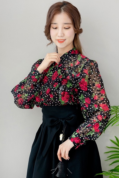 Modern Hanbok Top Jeogori Jacket Woman Female Korea Dress Long Sleeve Light buy Blue Flower