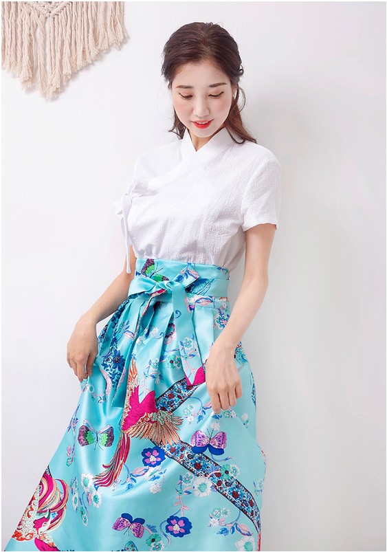 Modern Hanbok Jeogori Skirt | Handmade Korea Daily Hanbok | J.10_2 White Blue Watercolor Jeogori Blouse | Green Mini Skirt 2024