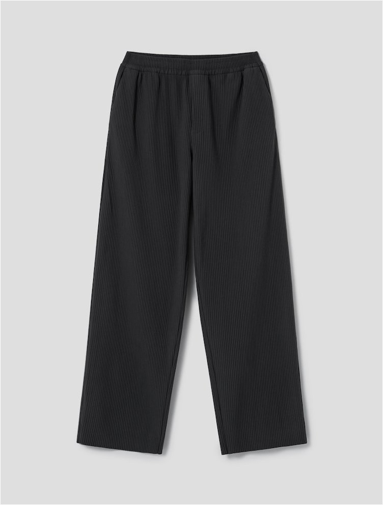 Pleats Fabric Semi Wide Pants Black