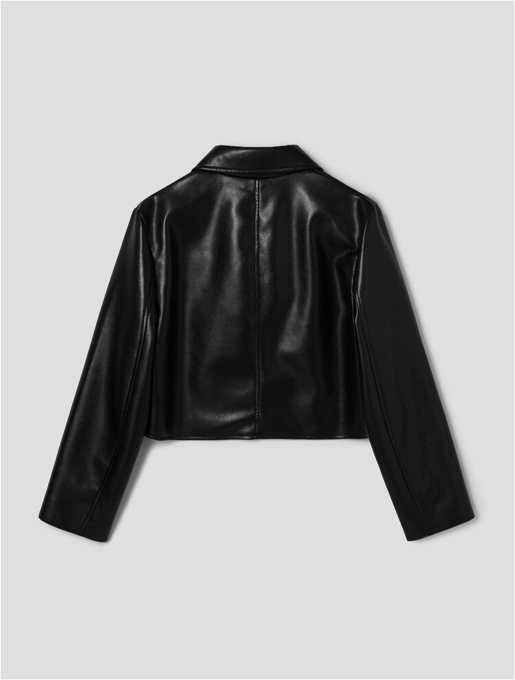 Fake Leather Two Buttons Short Jacket Black