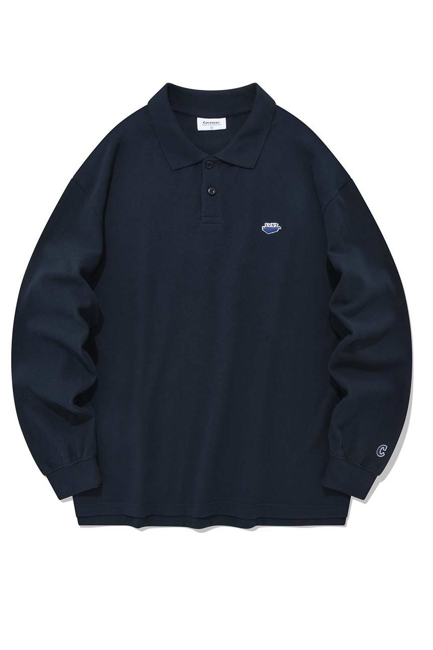 ポロシャツ COVERNAT Pique Whale Logo Long Sleeve Navy Covernat Unisex Pique Whale Logo Long Sleeve Tee Shirt Navy