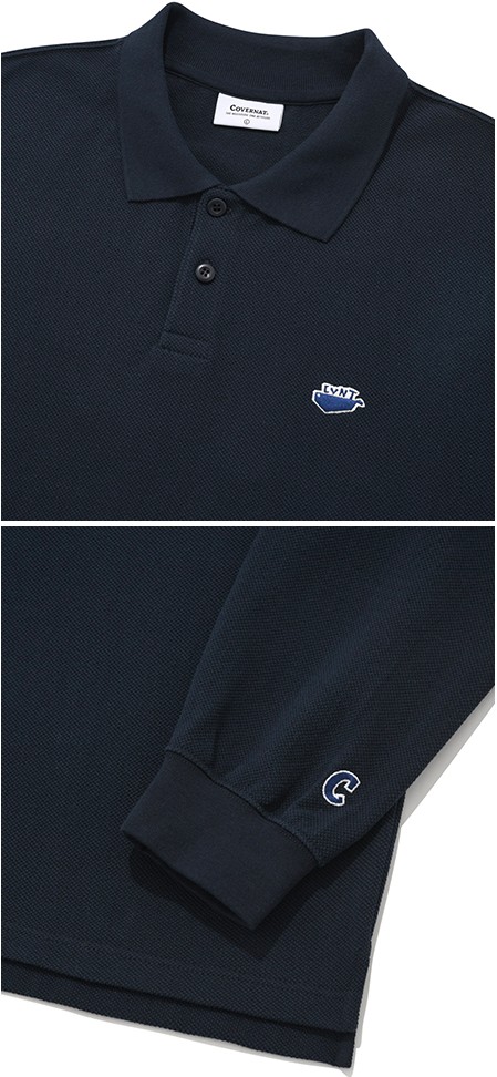 ポロシャツ COVERNAT Pique Whale Logo Long Sleeve Navy Covernat Unisex Pique Whale Logo Long Sleeve Tee Shirt Navy