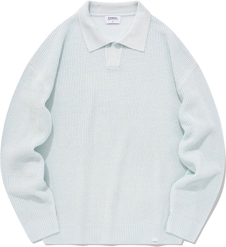 [COVERNAT]★KNIT COLLAR SWEATSHIRT Covernat Unisex Open Collar Knit Sky Blue | Collared for Men