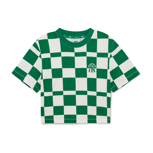 MLB Korea Checkerboard Front Pattern Crop Short Sleeve Tee Shirt NY Yankees Green