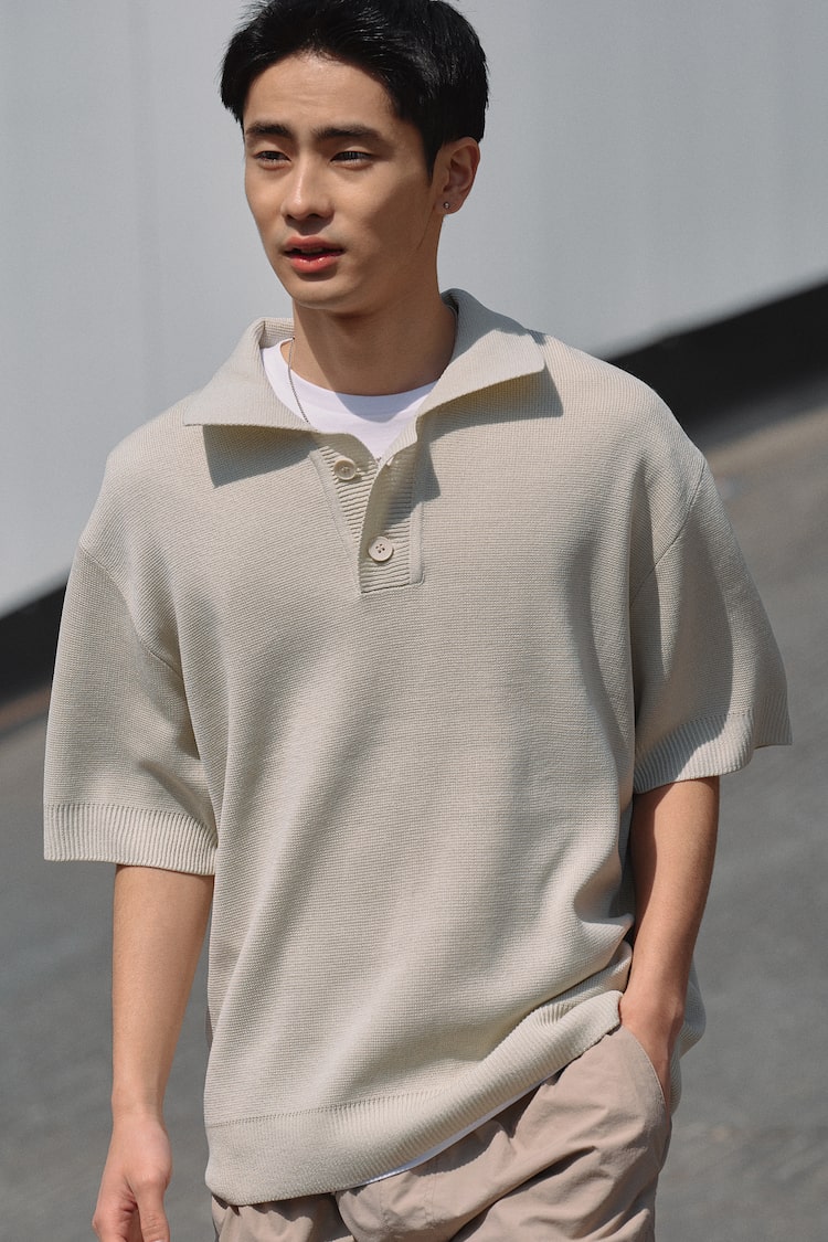 【BAON】[unisex] Tomme Collar Over Short Sleeve Knit 8seconds Short Sleeve Collar Knit Beige | Collared for Men