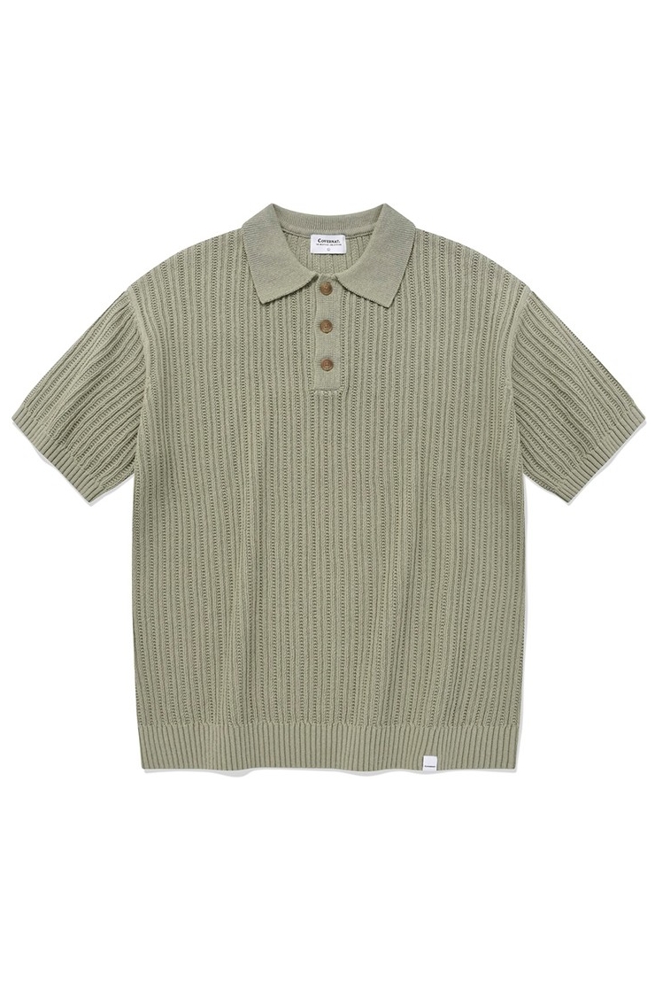 ポロシャツ COVERNAT Cool Cable Collar Half Knit Green Covernat Unisex Crochet Polo Half Knit Khaki | Collared for