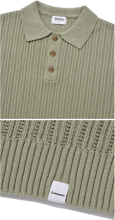 ポロシャツ COVERNAT Cool Cable Collar Half Knit Green Covernat Unisex Crochet Polo Half Knit Khaki | Collared for
