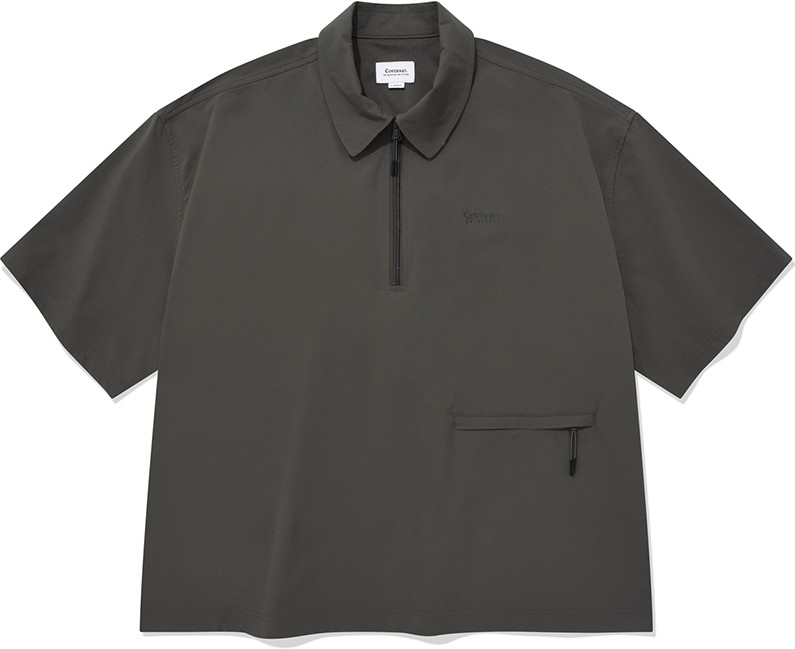 ★23SS★【COVERNAT】★Seersucker zip-up collar T-shir.t★ Covernat Unisex Seersucker Zipup Collar Tee Shirt Black