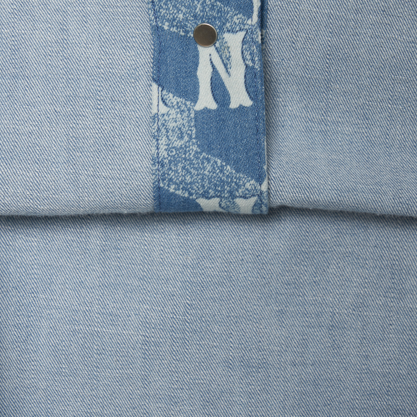 MLB Korea Cube Monogram Print Denim Short Sleeve Shirt NY Yankees Sky Blue