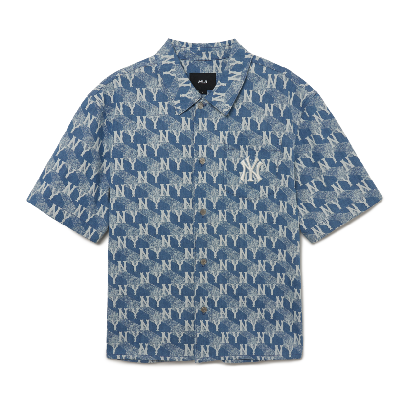 MLB Korea Cube Monogram Print Denim Short Sleeve Shirt NY Yankees Sky Blue