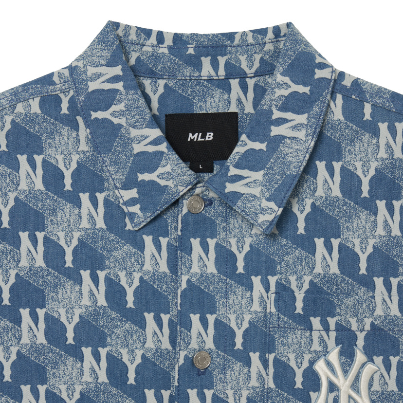 MLB Cube Monogram Print Denim Short Sleeve Shirt NY Yankees Sky