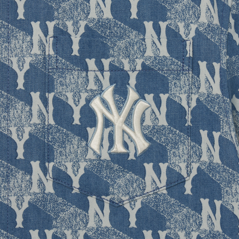 MLB Cube Monogram Print Denim Short Sleeve Shirt NY Yankees Sky