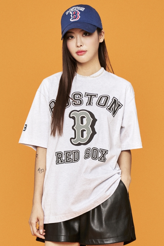 MLB Korea Unisex Varsity Oversized Short Sleeve Tee Shirt Boston Redsox Melange Gray