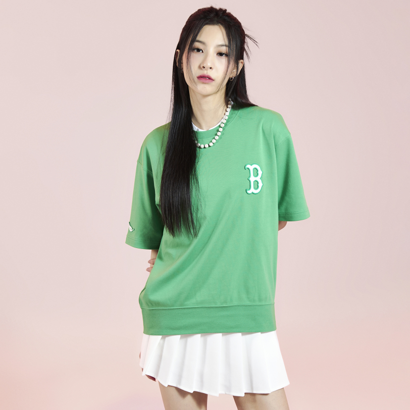 MLB Korea Basic Medium Logo Crop Short Sleeve Tee Shirt Boston Redsox Sand