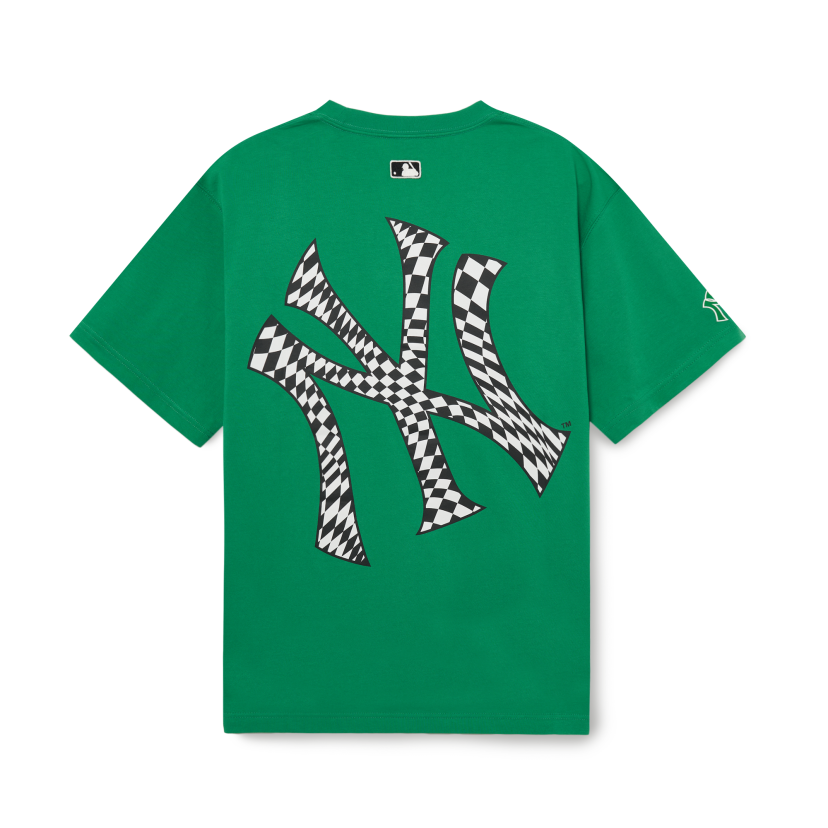 MLB Korea Unisex Checkerboard Clipping Logo Oversized Short Sleeve Tee Shirt NY Yankees Green