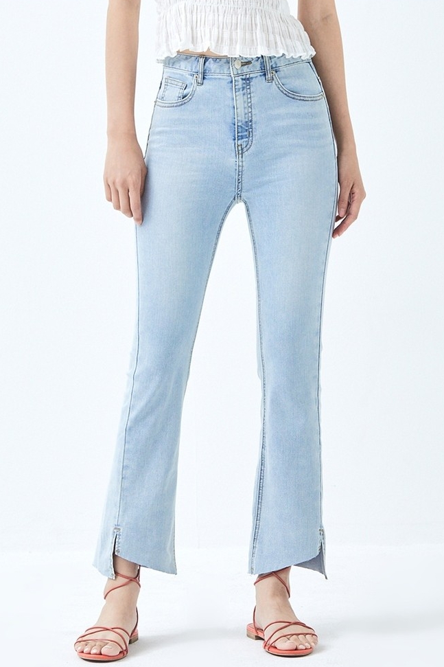 Hem Diagonal Cut Slit Slim Boot Cut Denim Pants