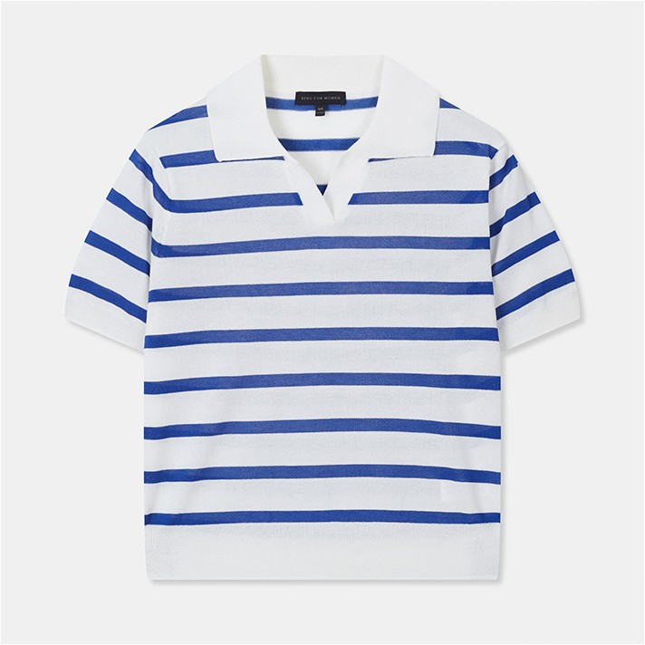 ★Wai Kei★ Skashi Stripe Collar Short Sleeve Knit Sky Blue SPAO Crop Stripes Short Sleeve Knit | Collared for Women