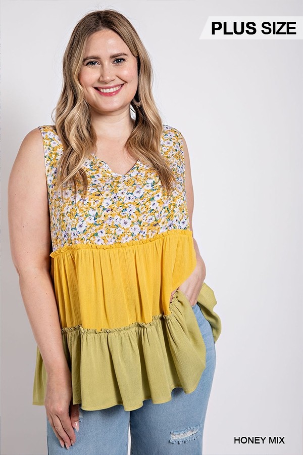 WHC Floral Color Block Ruffle Detail Tiered V-neck Top - Honey Mix