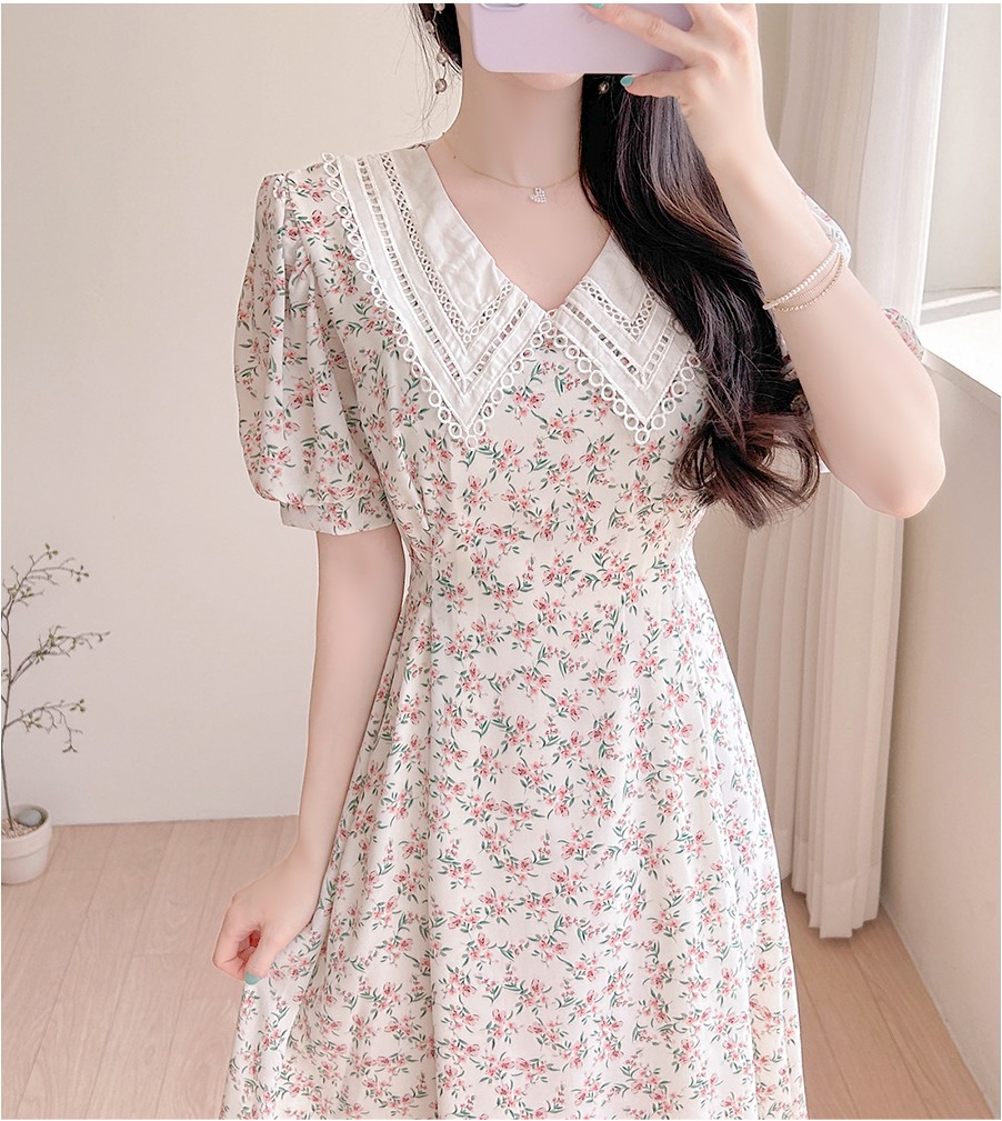fiona Flower Pinching Lace Collar Waisted Ribbon Dress | Fit & Flare ...