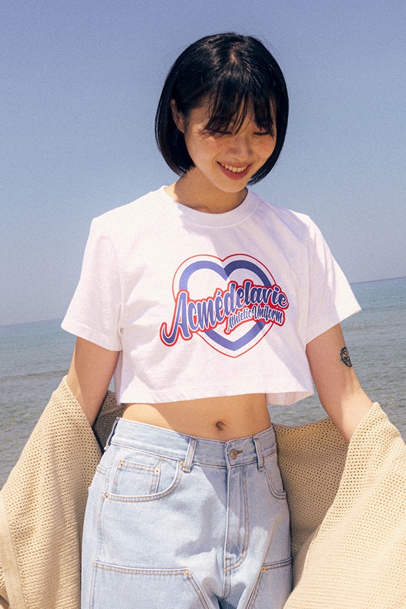 ★DNSR★ Women Heart Graphic Crop T-Shirt White acme de la vie Heart Lettering Crop Tee Shirt White