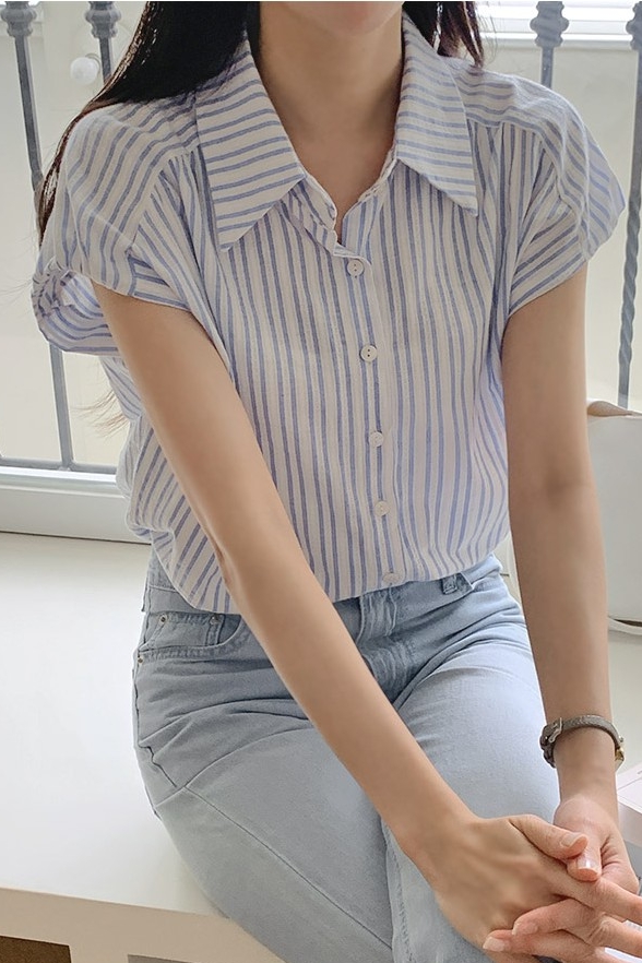 TWEE Bellow Cotton Stripes Short Sleeve Shirt | Collared