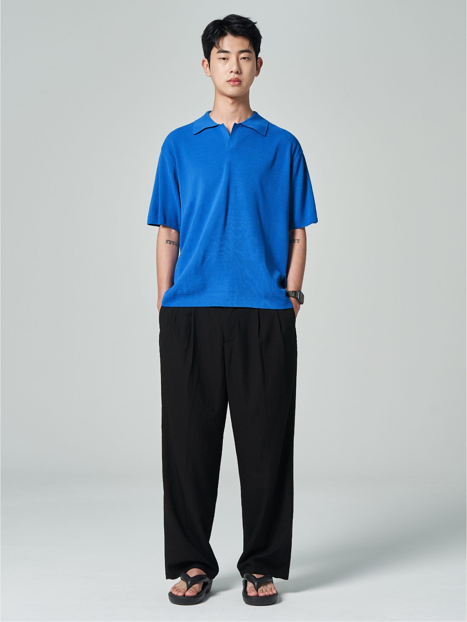 トップス STANDARD JOURNAL Open Collar S/S is-ness 8seconds Open Collar Half Sleeve Knit Blue | Collared for