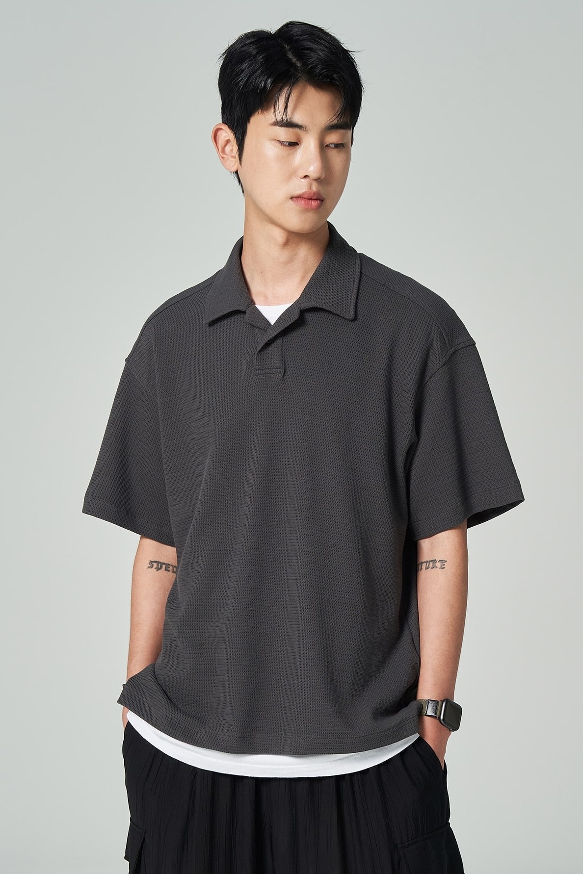8seconds Textured Open Collar Half Sleeve Tee Shirt Ash