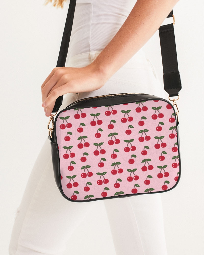 Pink Strawberry Print Camera Crossbody Bag