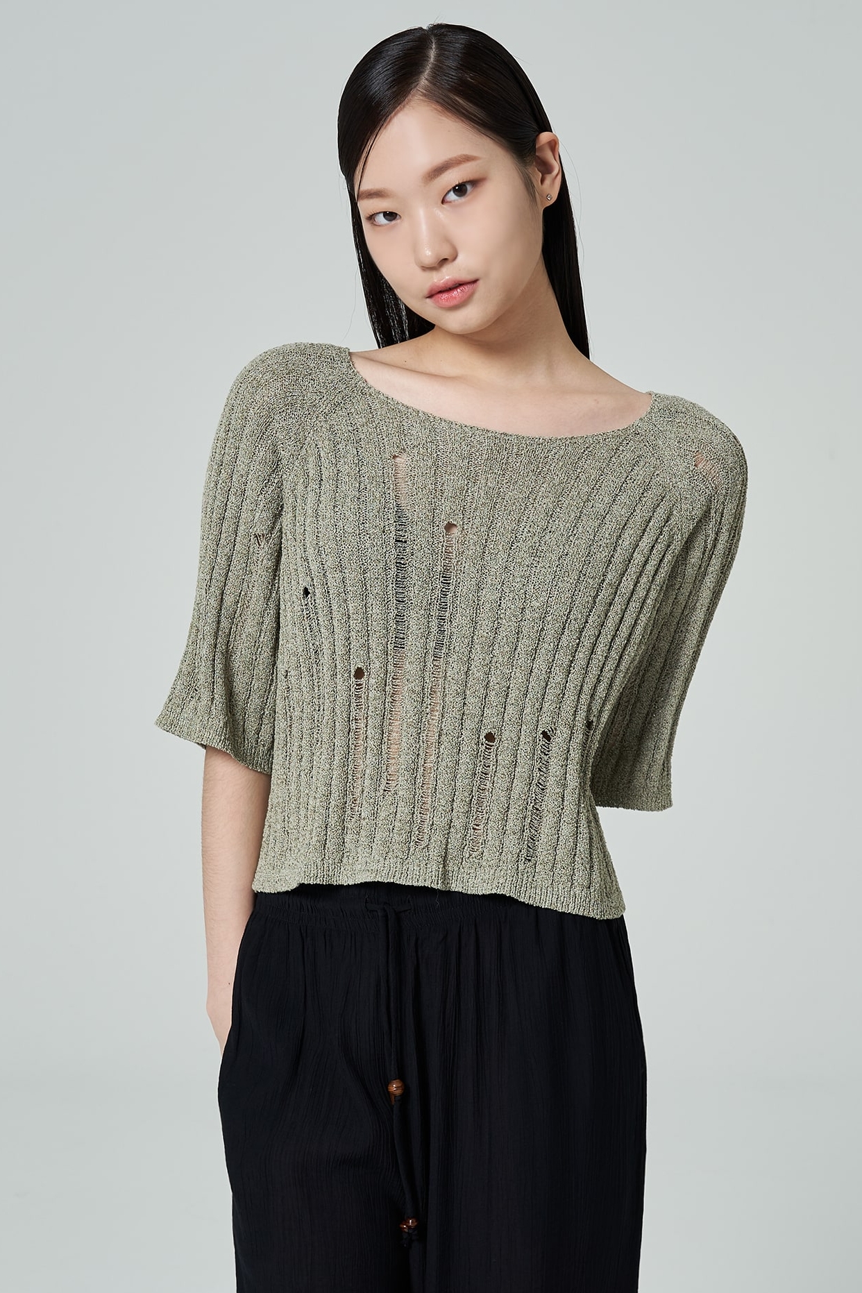 8seconds Distressed Half Sleeve Knit Pullover Khaki | Crewneck for