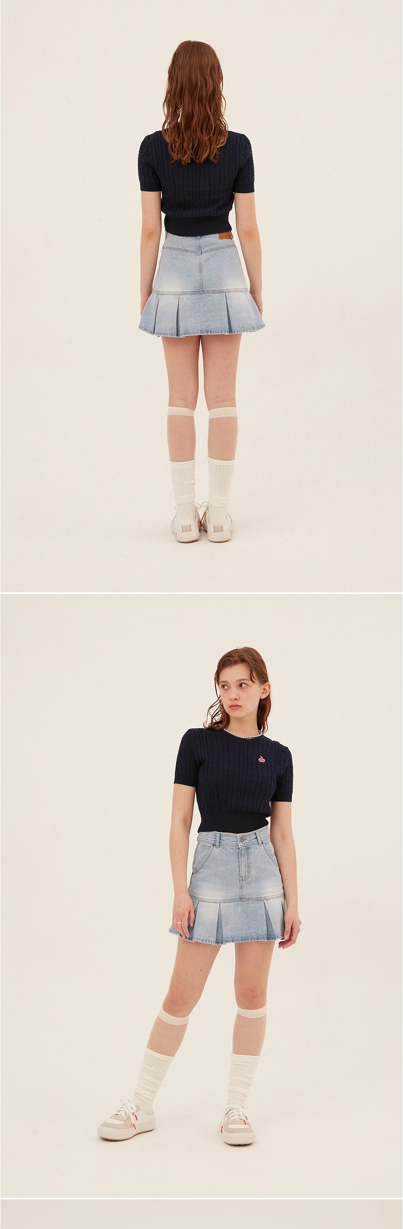 KIRSH Small Cherry Cable Crop Short Sleeve Knit Navy