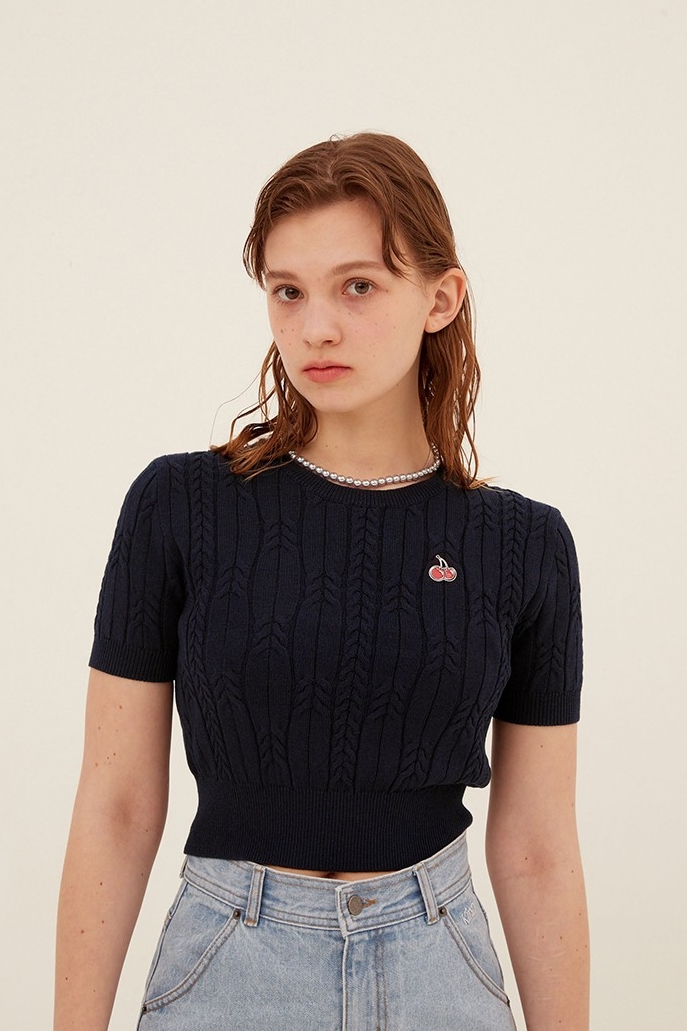 [ KIRSH ]★UNI SMALL CHERRY PADDING CROP SHIRT KIRSH Small Cherry Cable Crop Short Sleeve Knit Navy