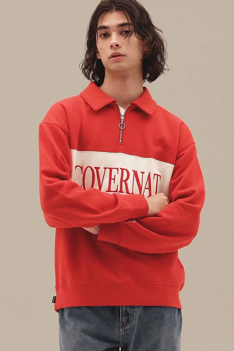 スウェット・トレーナー COVERNAT Block collar half zip-up sweatshirt red MUSINSA | COVERNAT Block Collar Half Zip-up Sweatshirt Red