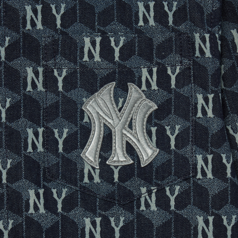 MLB Korea Cube Monogram Print Denim Short Sleeve Shirt NY Yankees Sky Blue