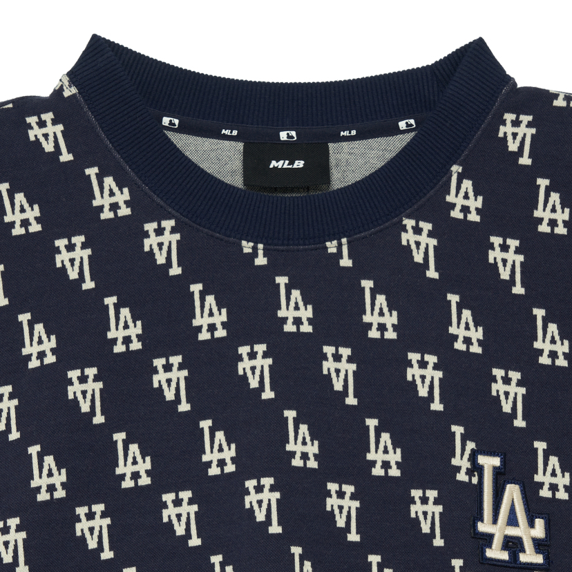 MLB Korea Unisex Classic Monogram Front Pattern Jacquard Oversized Sweatshirt La Dodgers Navy