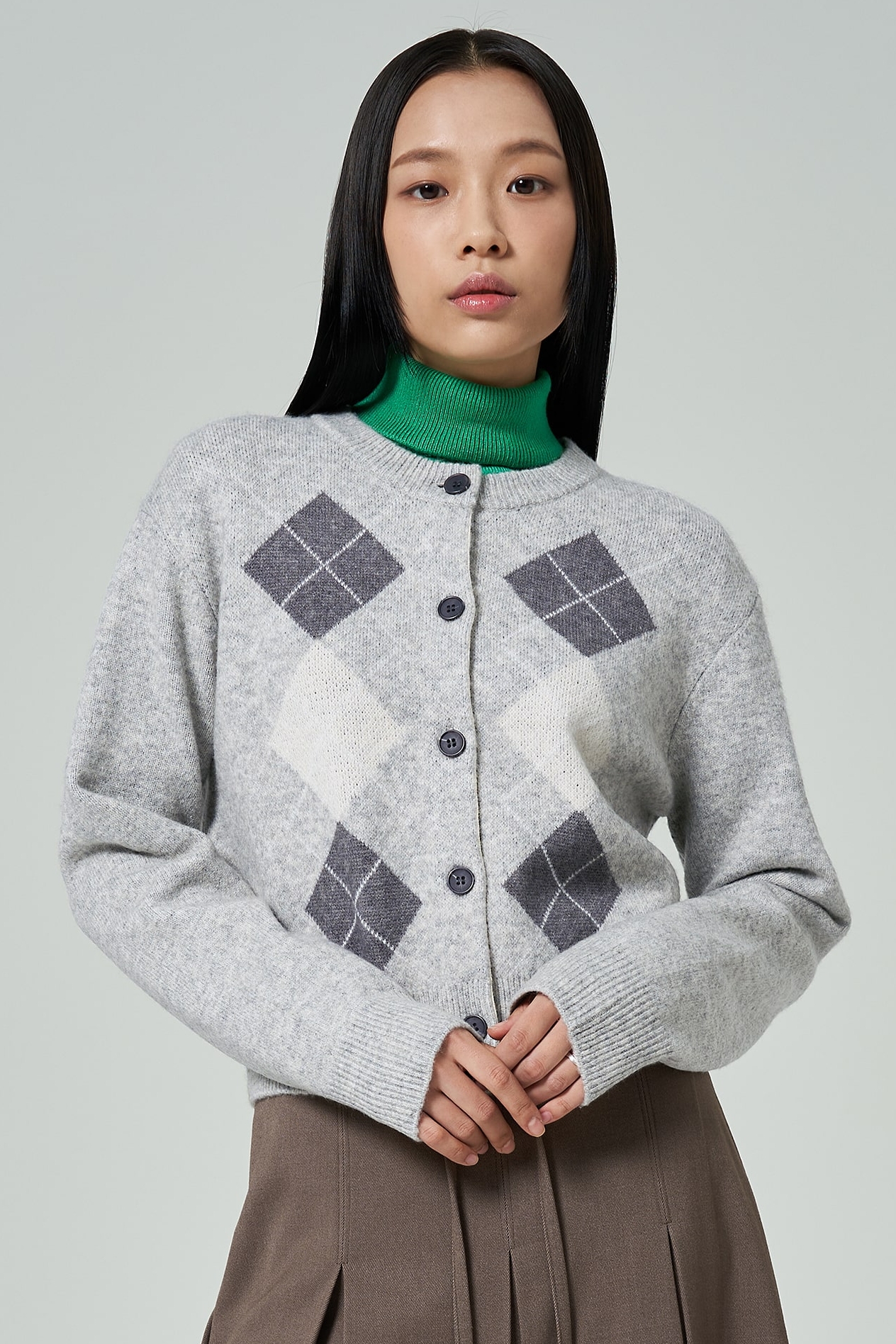 8seconds Argyle Pattern Round Neck Cardigan Light Gray | Cardigans