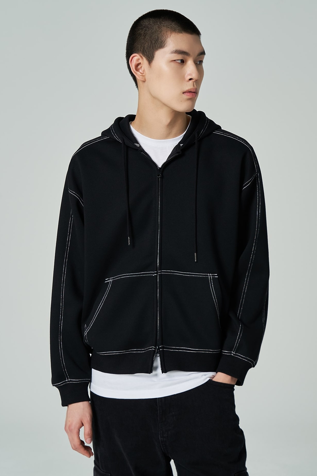 Bonding Jersey Coloration Stitch Hoodie Jacket Black