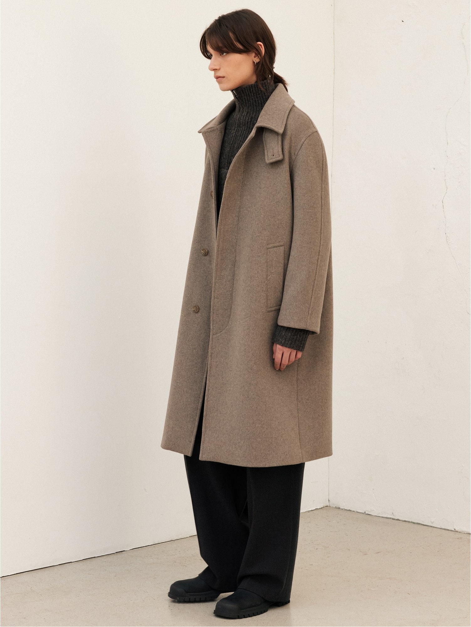 Wool Blended Balmacaan Coat Dark Brown