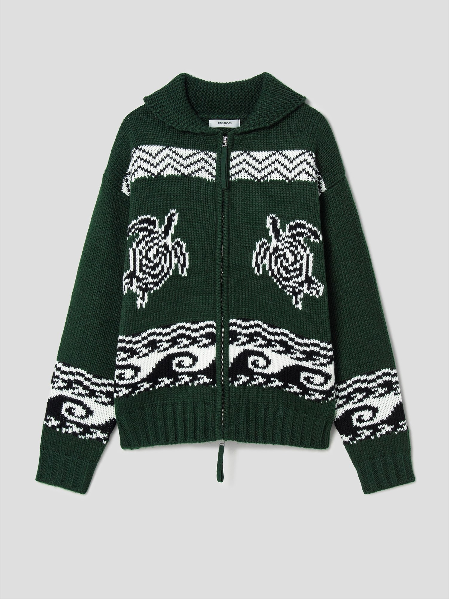 8seconds Turtle Jacquard Pattern Cowichan Knit Cardigan Green