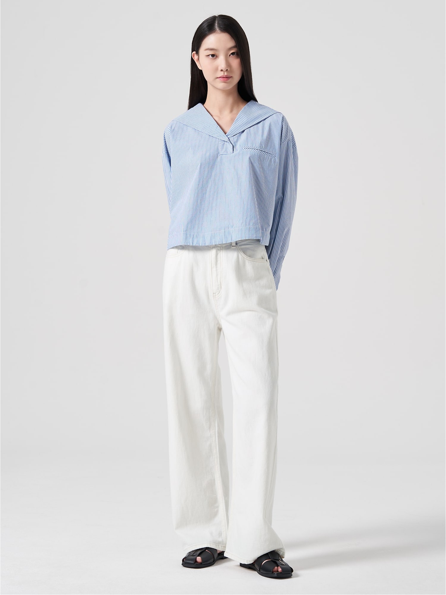 8seconds Sailor Collar Stripes Crop Blouse Sky Blue