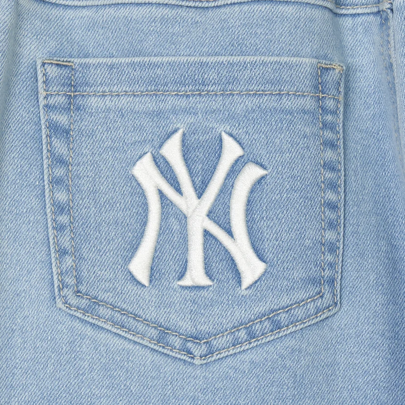 ★MLB Korea★ Culsive lettering denim color combination unst Denim-Like Lettering Monogram Big Lux Oversized-Fit T-Shirt