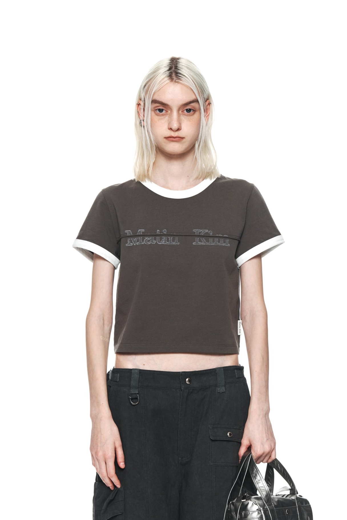 Matin Kim Cutted Logo Ringer Crop Top In Charcoal | Basic