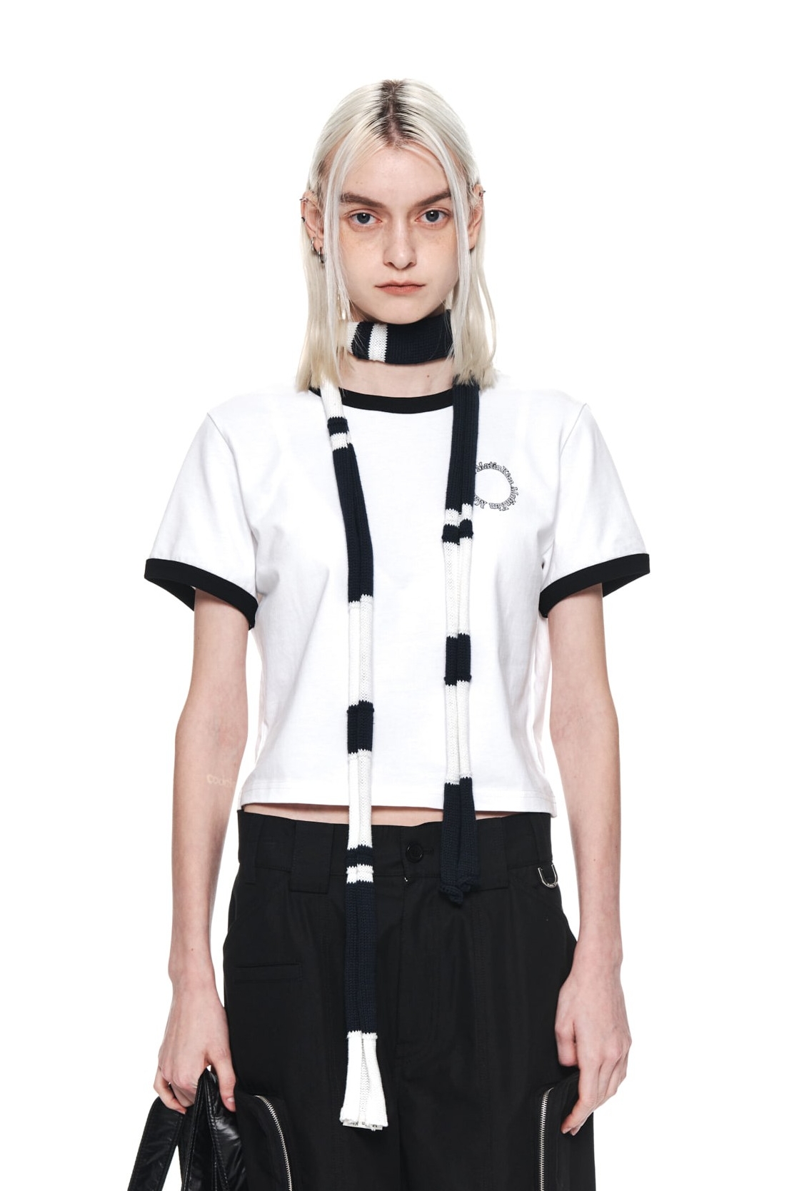 Matin Kim Circle Logo Ringer Crop Top In Black | Basic Tees