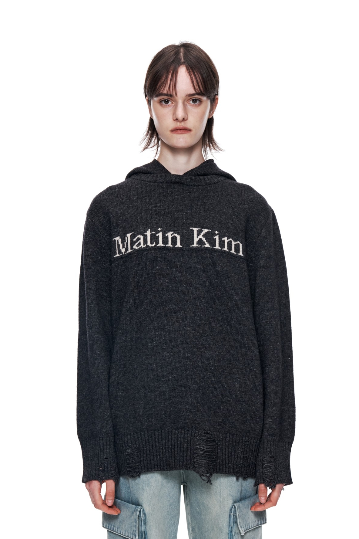 Matin Kim Damage Logo Knit Hoodie In Charcoal | Sweatshirts