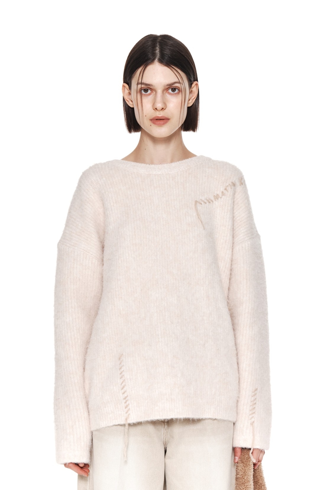 Matin Kim Logo Stitch Hairy Knit Pullover In Light Beige