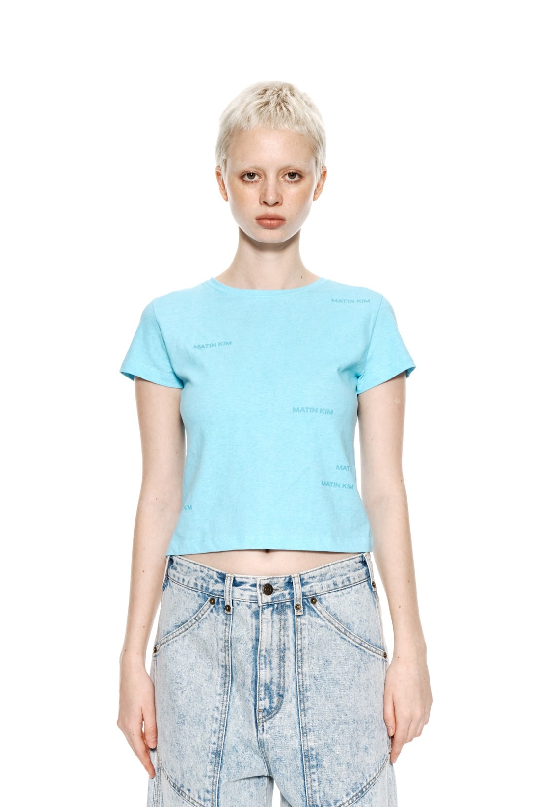 ★Matin Kim★ MATIN SMALL LOGO CROP TOP IN SKY MK2377TS044M0 Matin Kim Matin Small Logo Crop Top In Sky | Basic Tees for